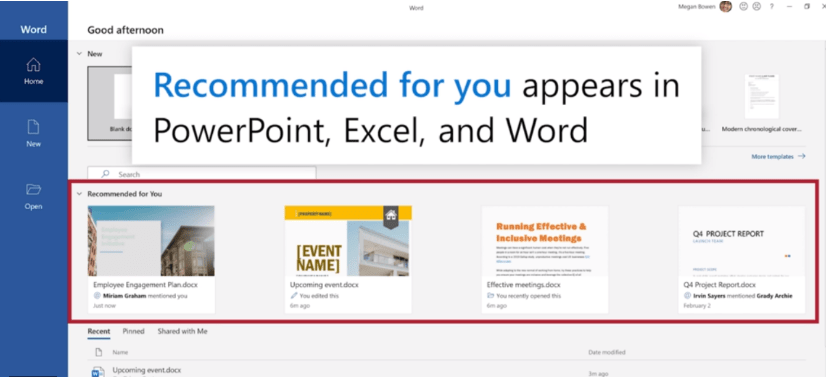 Microsoft Office 365 simplifies workflow by displaying Recommended files